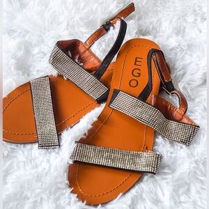 EGO Size 9 Tan Rhinestone Strappy Flat Sandals - Stylish & Comfortable